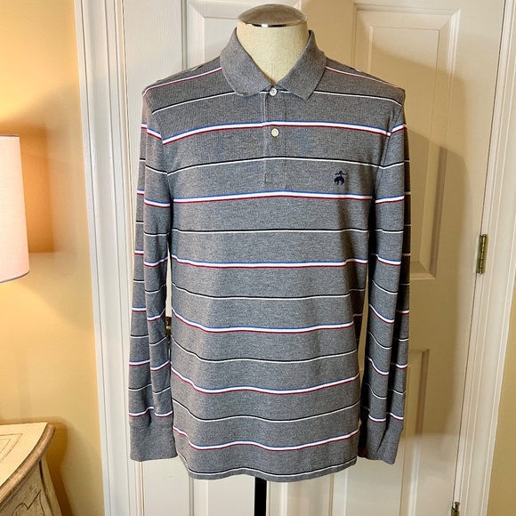 EUC Men's Brooks Brothers Slim Fit Performance Polo Shirt Gray Stripe Size LARGE - Picture 1 of 2